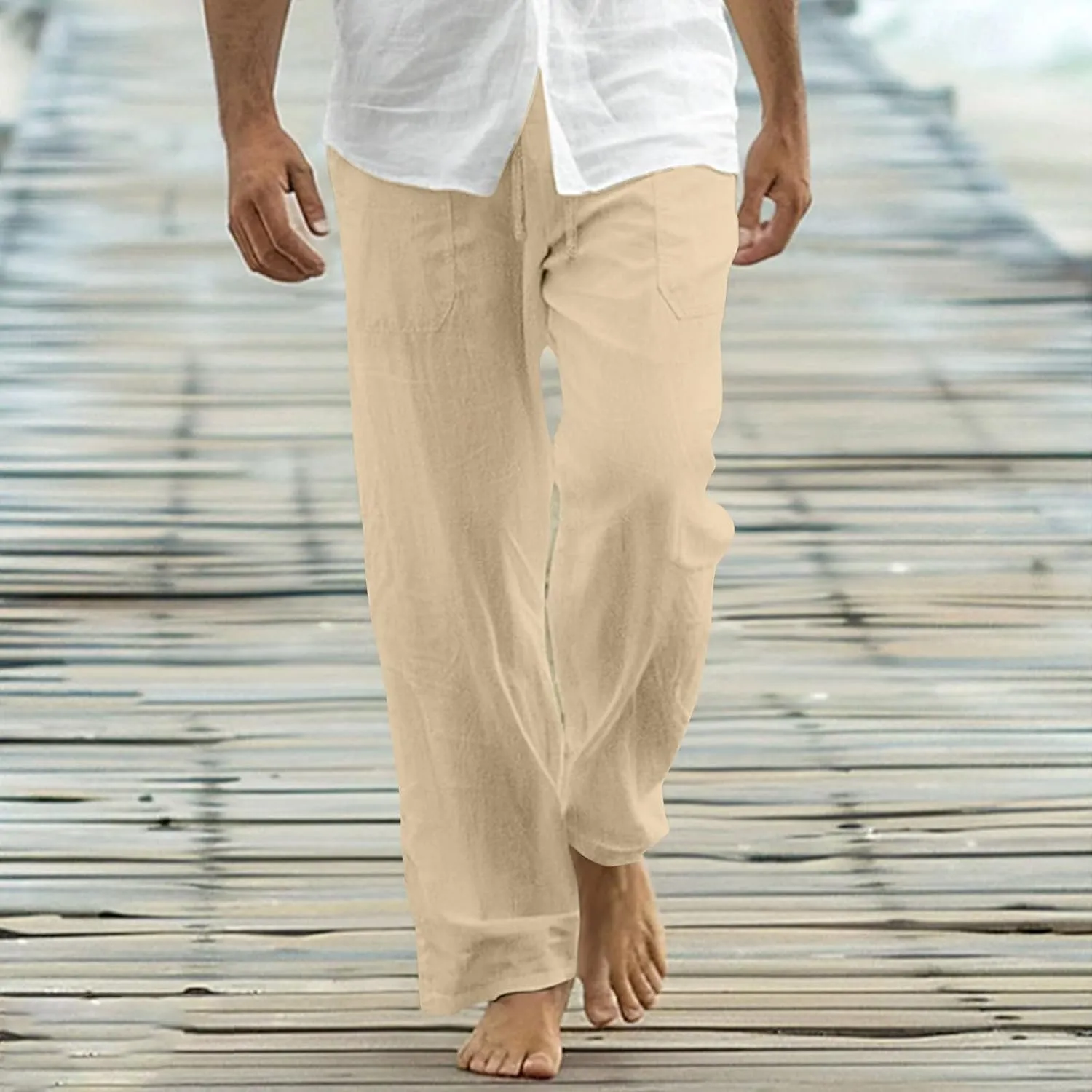 Cotton Linen Pants Men Casual Loose Fit Elastic Drawstring Waist Wide Leg Pant Lightweight Summer Beach Pants Pockets