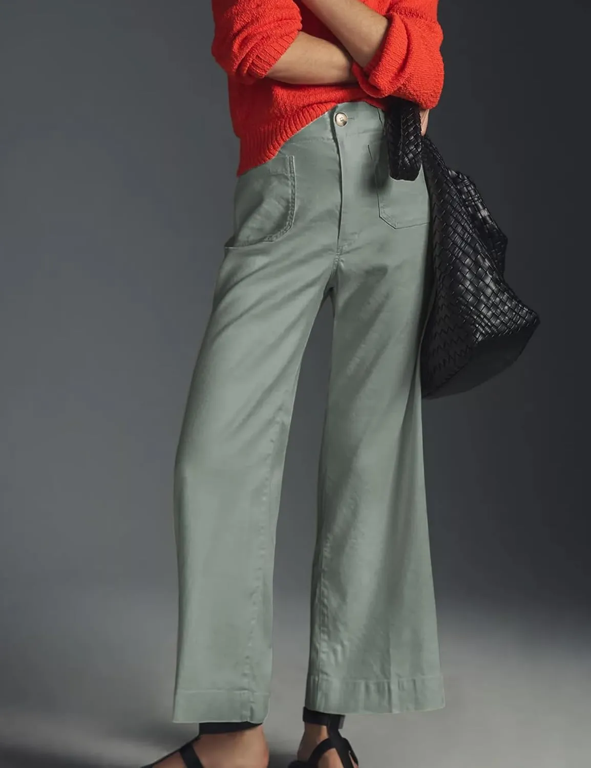 Cropped Wide-Leg Pants Casual High Waist Baggy Pants Stretchy Straight Trousers with Pockets