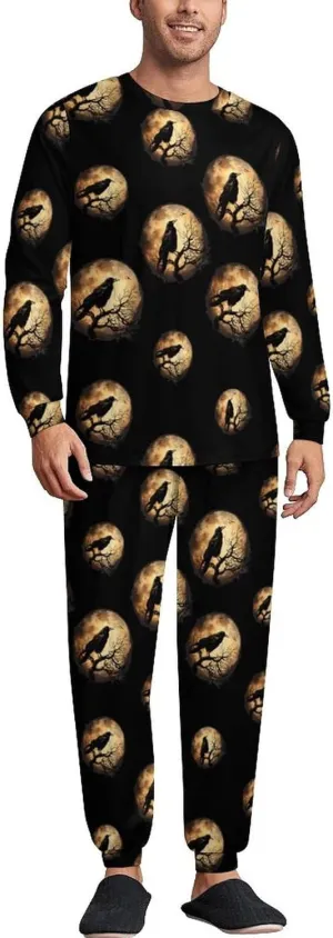 Crow and Moon Men's Crew Neck Pajama 2 Piece Set Long Sleeve Loungewear Top and Bottom