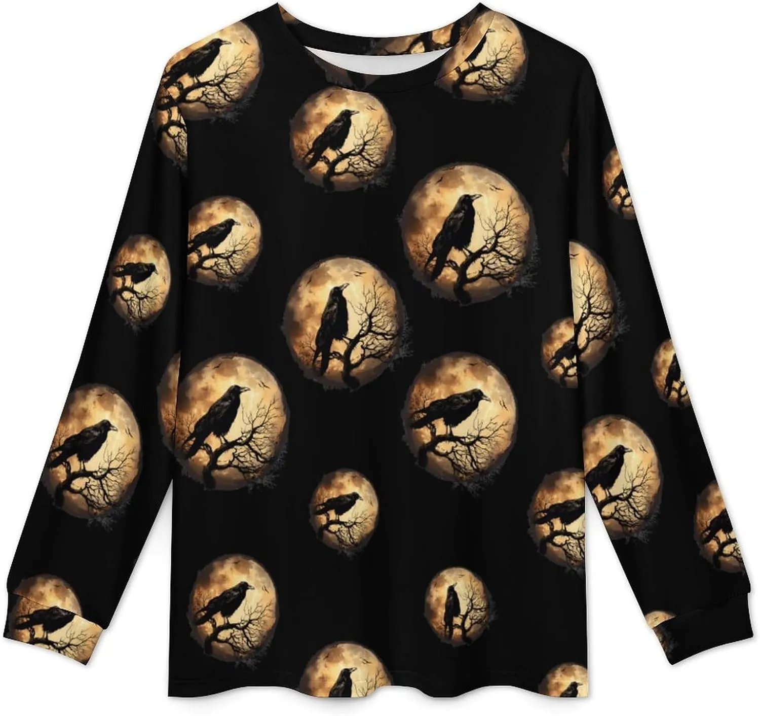 Crow and Moon Men's Crew Neck Pajama 2 Piece Set Long Sleeve Loungewear Top and Bottom