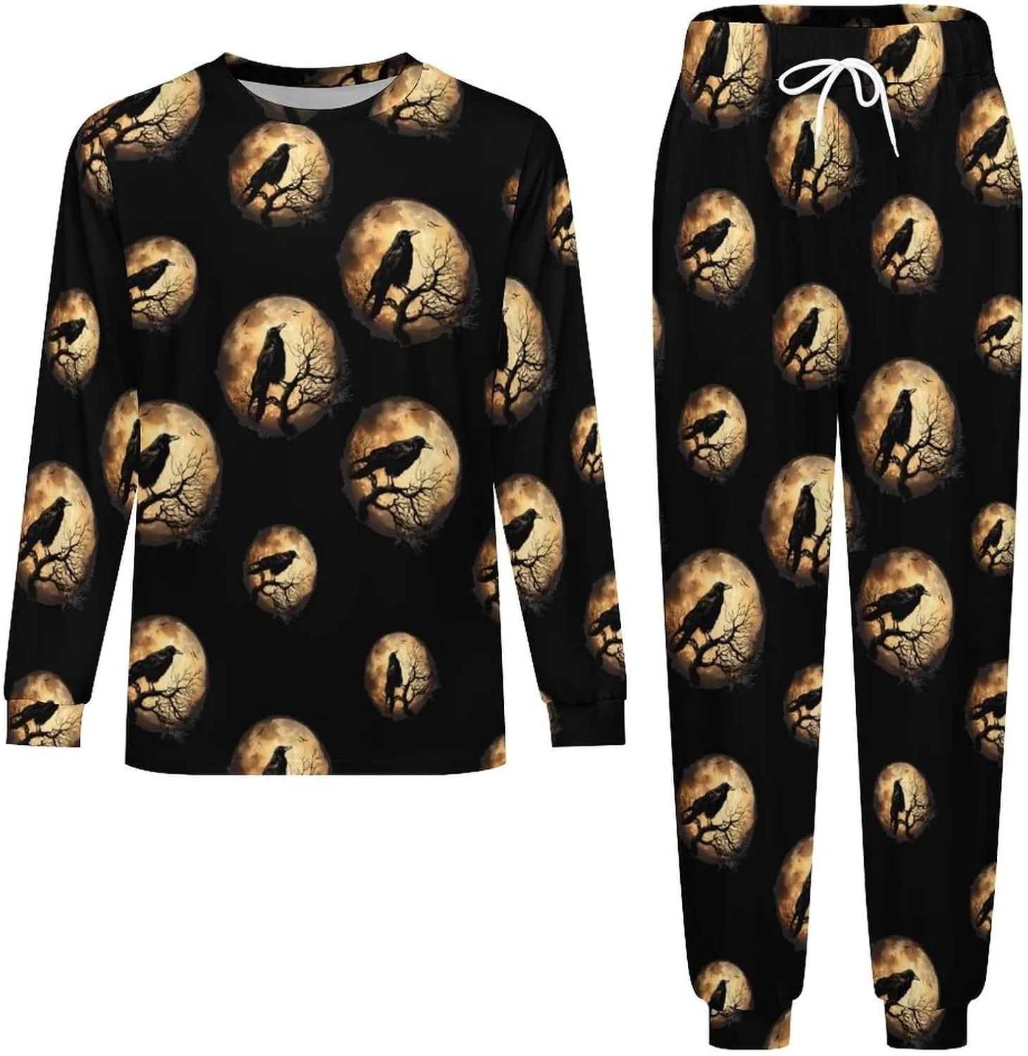 Crow and Moon Men's Crew Neck Pajama 2 Piece Set Long Sleeve Loungewear Top and Bottom