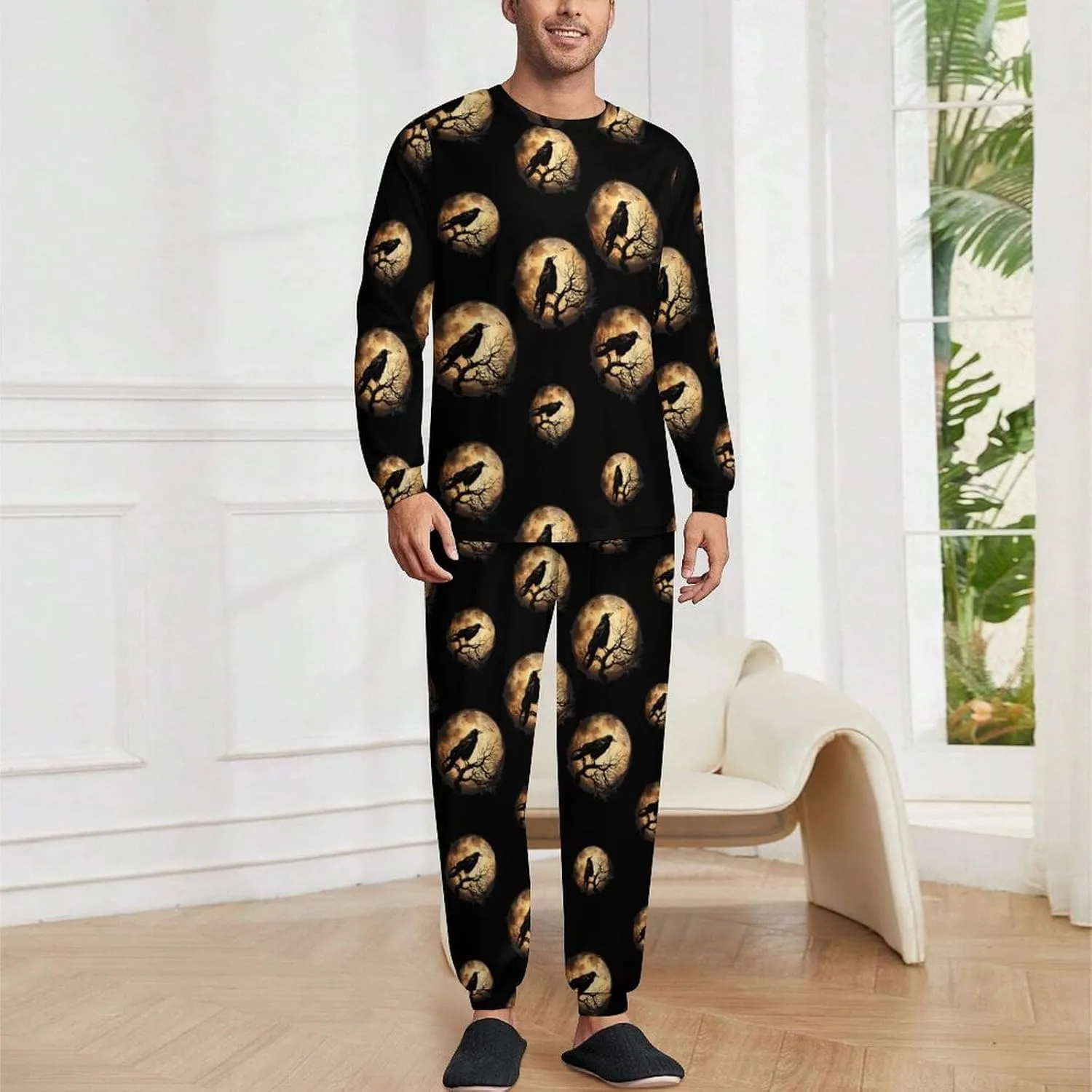 Crow and Moon Men's Crew Neck Pajama 2 Piece Set Long Sleeve Loungewear Top and Bottom