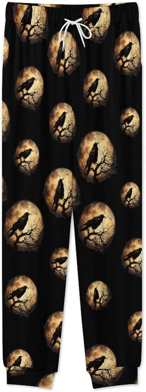 Crow and Moon Men's Crew Neck Pajama 2 Piece Set Long Sleeve Loungewear Top and Bottom