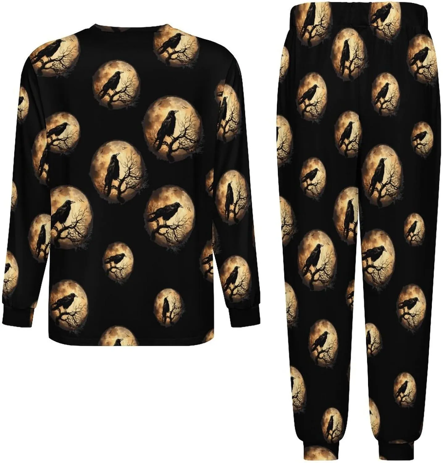 Crow and Moon Men's Crew Neck Pajama 2 Piece Set Long Sleeve Loungewear Top and Bottom
