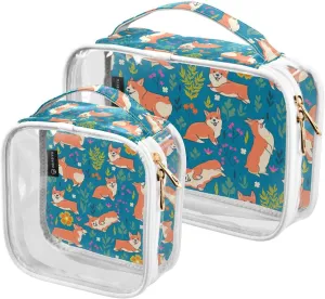 Cute-dogs-corgis-flowers Pattern 2 Pack Clear Toiletry Bag Women Men, Portable Waterproof Clear Pouch, Cosmetic Bag with Double Zippers Large Opening Traveling with Handle for Bathroom Traveling Vacat