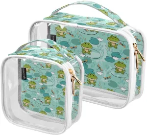 Cute-frog Pattern 2 Pack Clear Toiletry Bag Women Men, Portable Waterproof Clear Pouch, Cosmetic Bag with Double Zippers Large Opening Traveling with Handle for Bathroom Traveling Vacation Organizing