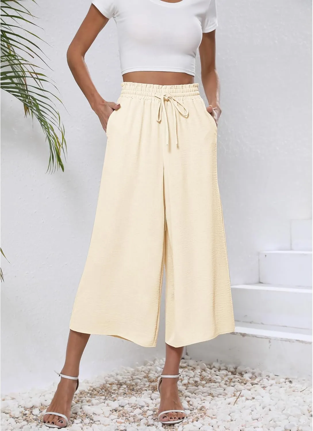 CZYINXIAN Womens Flowy Wide Leg Pants Casual Summer Beach Elastic Waist Trousers Trendy Business Work Pants with Pockets
