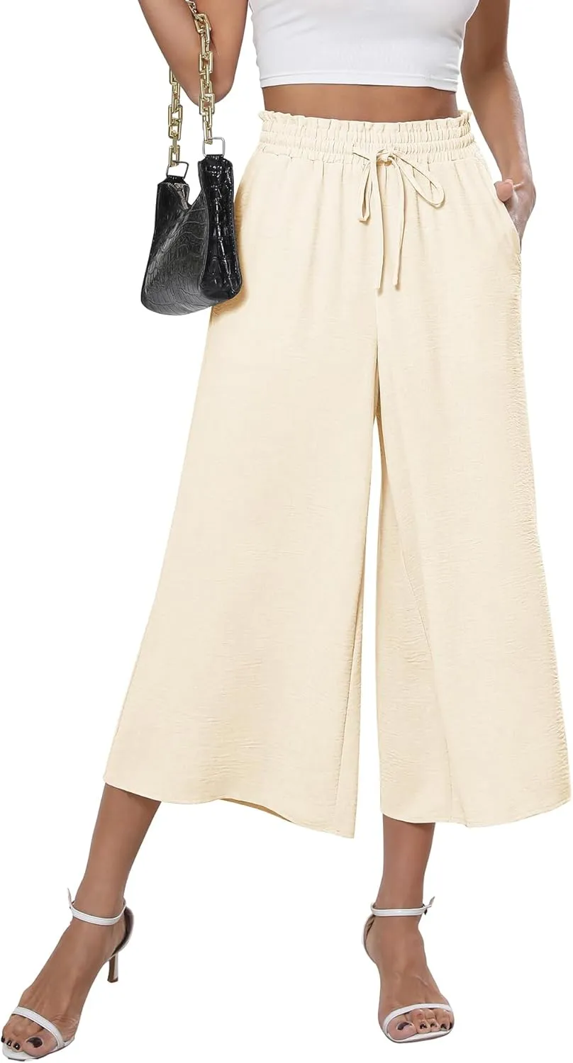 CZYINXIAN Womens Flowy Wide Leg Pants Casual Summer Beach Elastic Waist Trousers Trendy Business Work Pants with Pockets