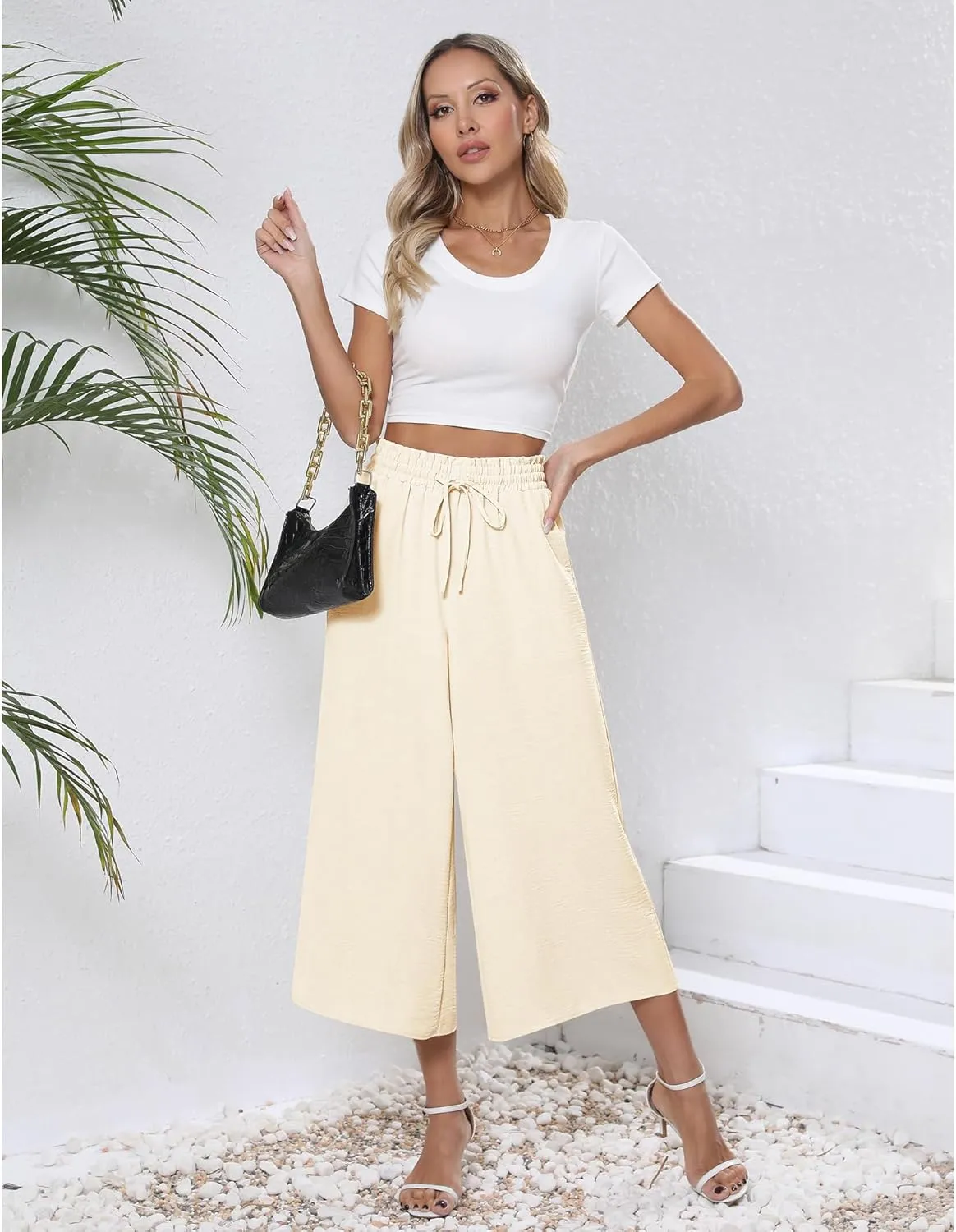 CZYINXIAN Womens Flowy Wide Leg Pants Casual Summer Beach Elastic Waist Trousers Trendy Business Work Pants with Pockets