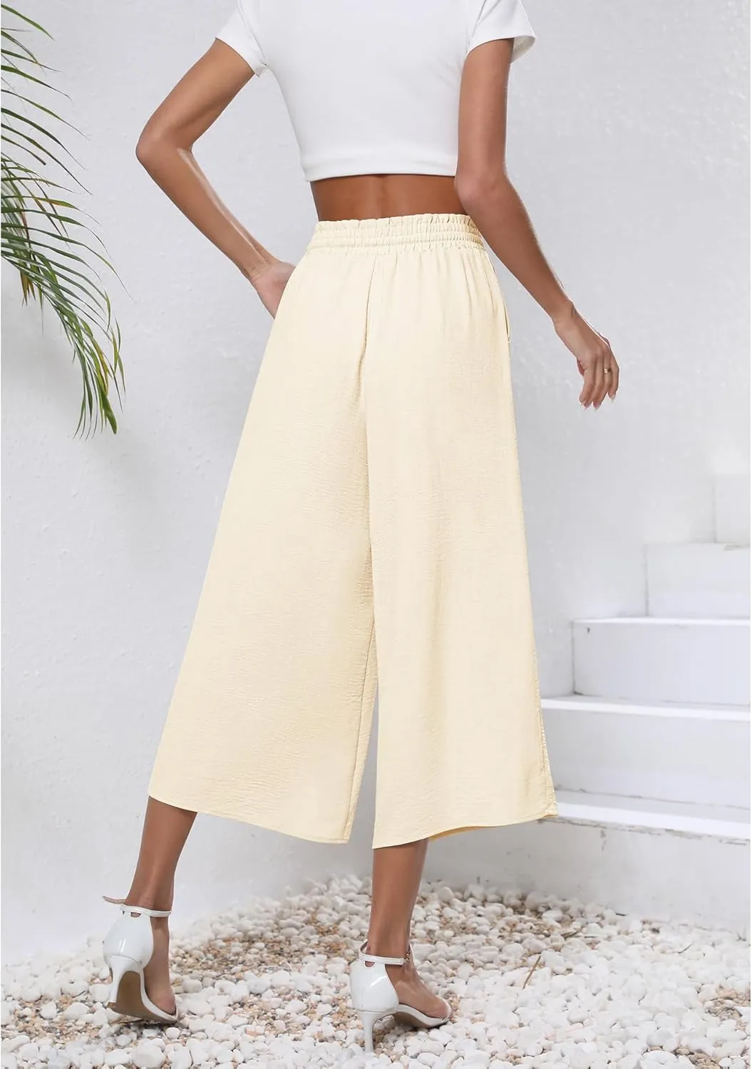 CZYINXIAN Womens Flowy Wide Leg Pants Casual Summer Beach Elastic Waist Trousers Trendy Business Work Pants with Pockets