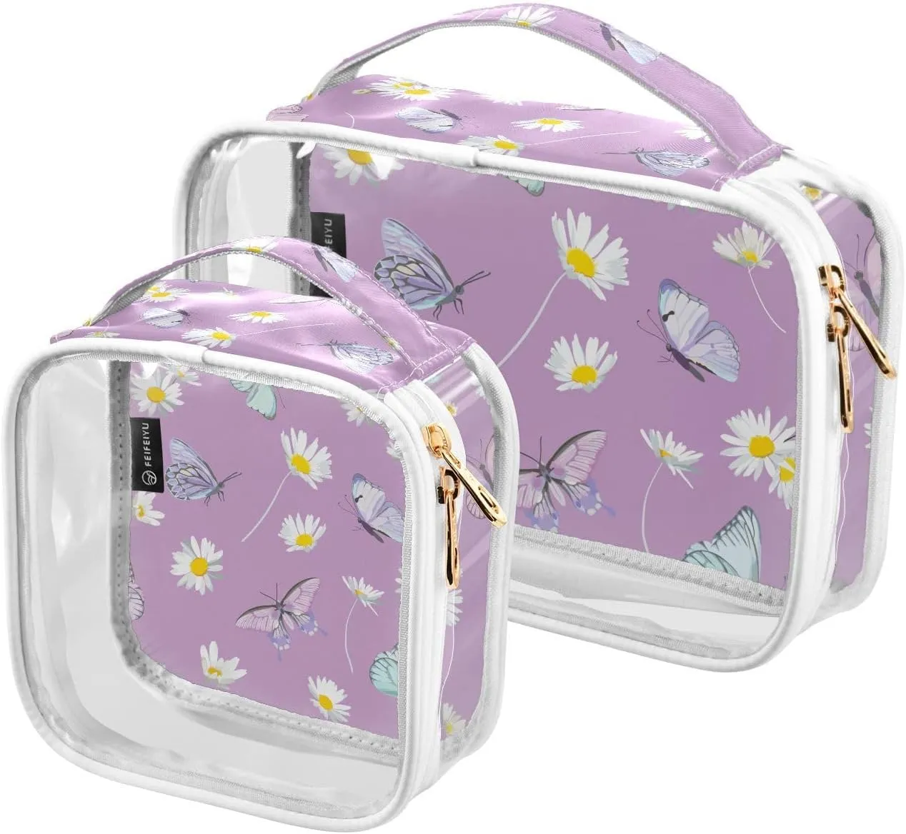 Daisy-flowers-butterfly-violet-pattern 2 Pack Clear Toiletry Bag Women Men, Portable Waterproof Clear Pouch, Cosmetic Bag with Double Zippers Large Opening Traveling with Handle for Bathroom Traveling
