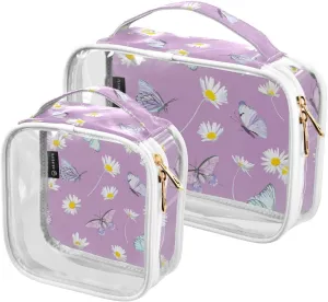 Daisy-flowers-butterfly-violet-pattern 2 Pack Clear Toiletry Bag Women Men, Portable Waterproof Clear Pouch, Cosmetic Bag with Double Zippers Large Opening Traveling with Handle for Bathroom Traveling