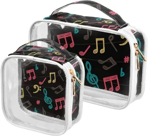 Dark-colorful-musical-notes Print 2 Pack Clear Toiletry Bag Women Men, Portable Waterproof Clear Pouch, Cosmetic Bag with Double Zippers Large Opening Traveling with Handle for Bathroom Traveling Vaca