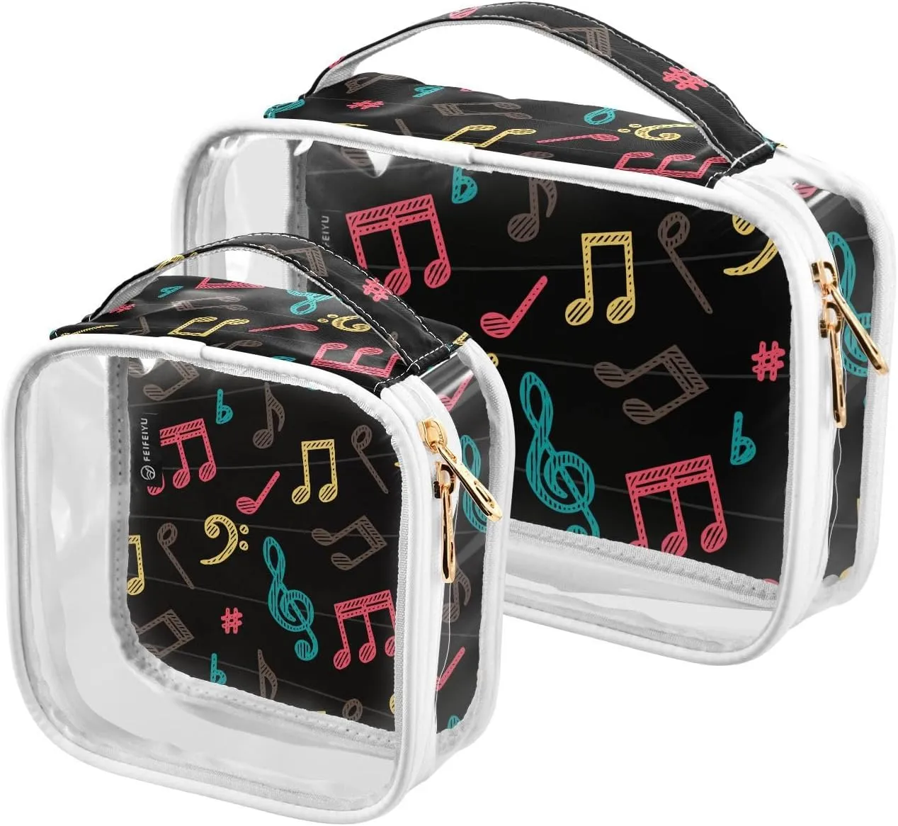 Dark-colorful-musical-notes Print 2 Pack Clear Toiletry Bag Women Men, Portable Waterproof Clear Pouch, Cosmetic Bag with Double Zippers Large Opening Traveling with Handle for Bathroom Traveling Vaca