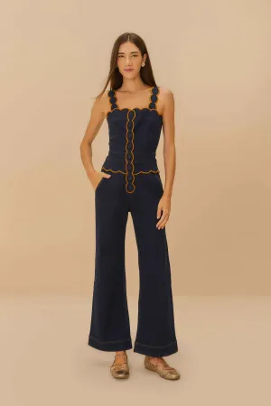 Dark Denim Wavy Trim Jumpsuit