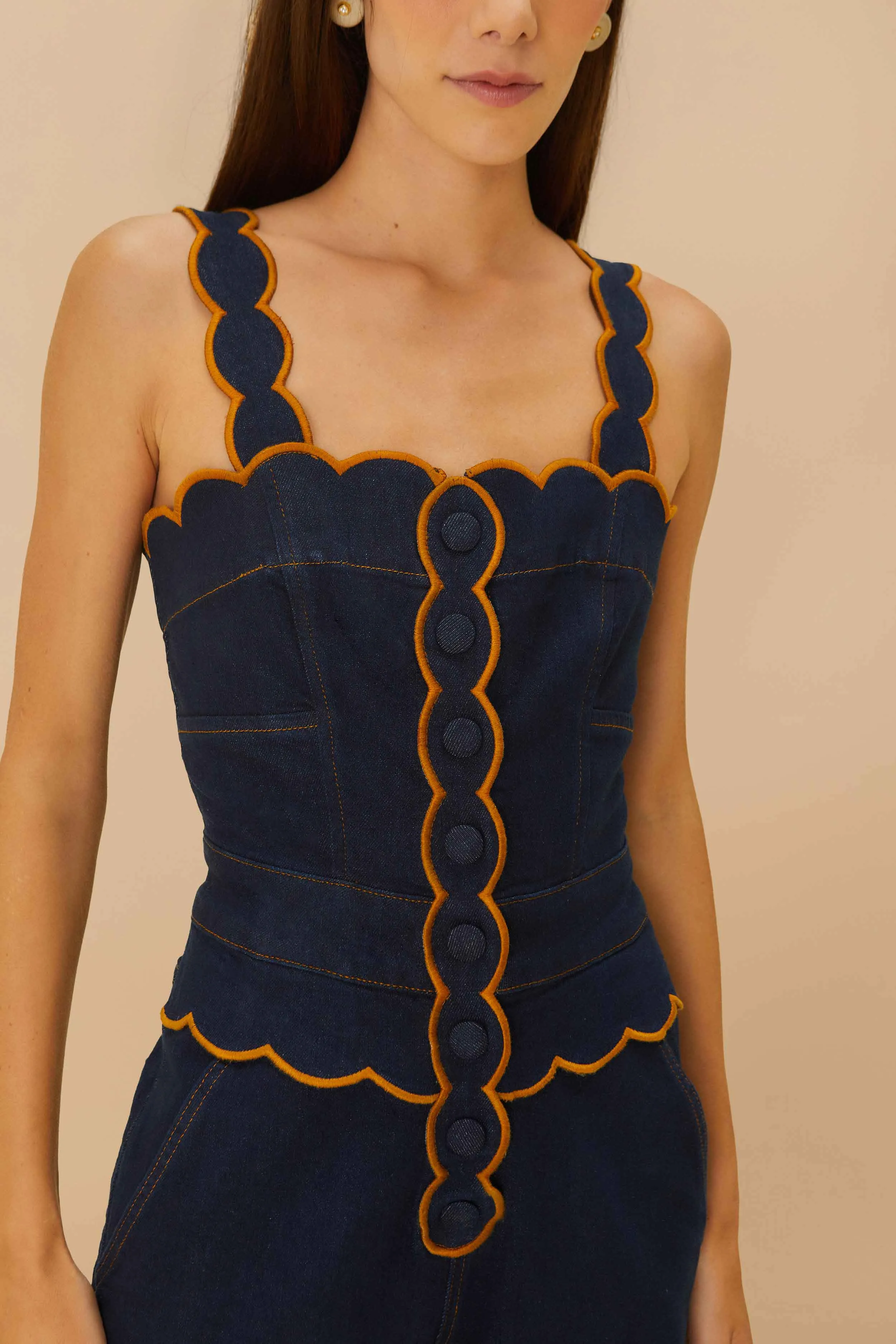 Dark Denim Wavy Trim Jumpsuit