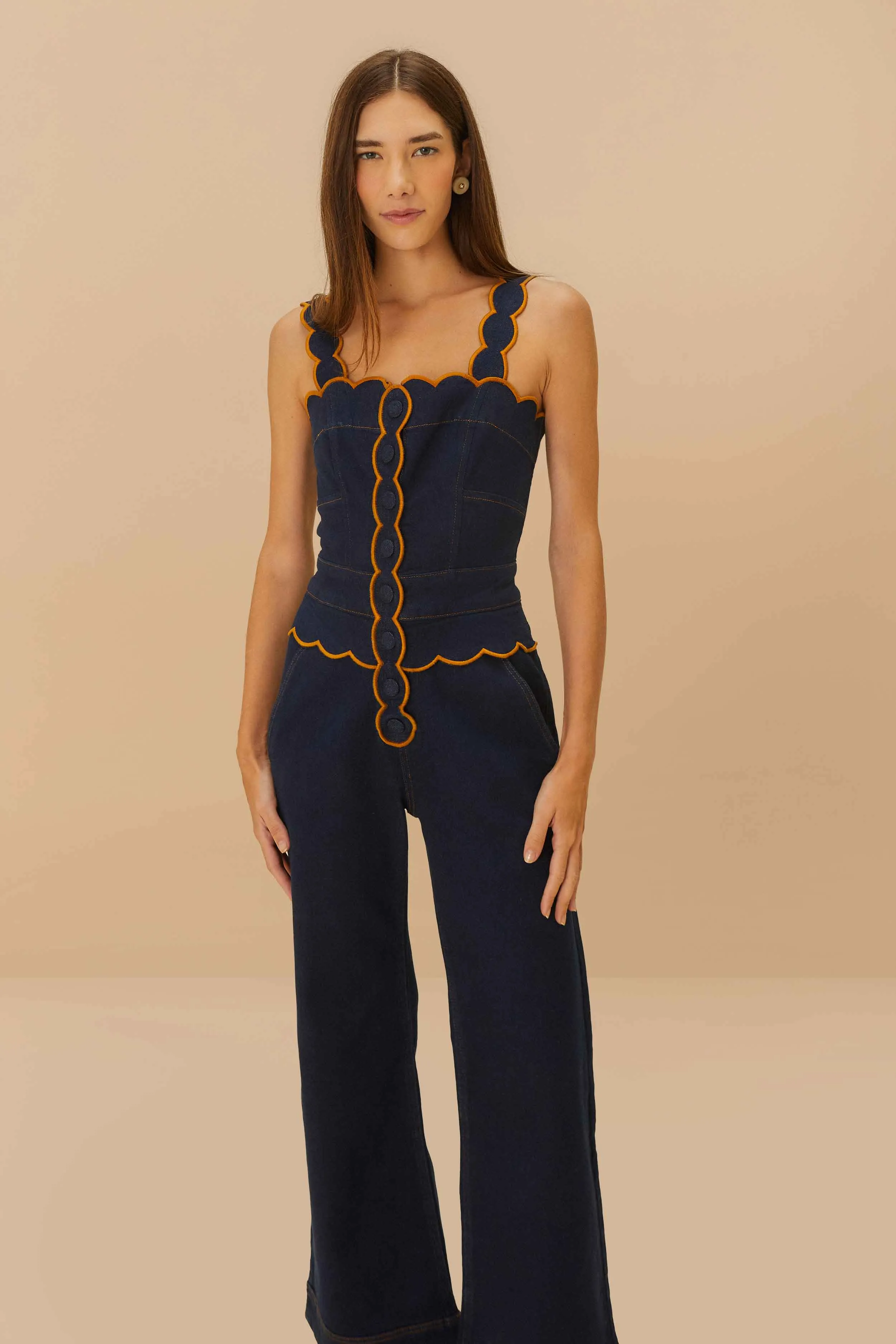 Dark Denim Wavy Trim Jumpsuit