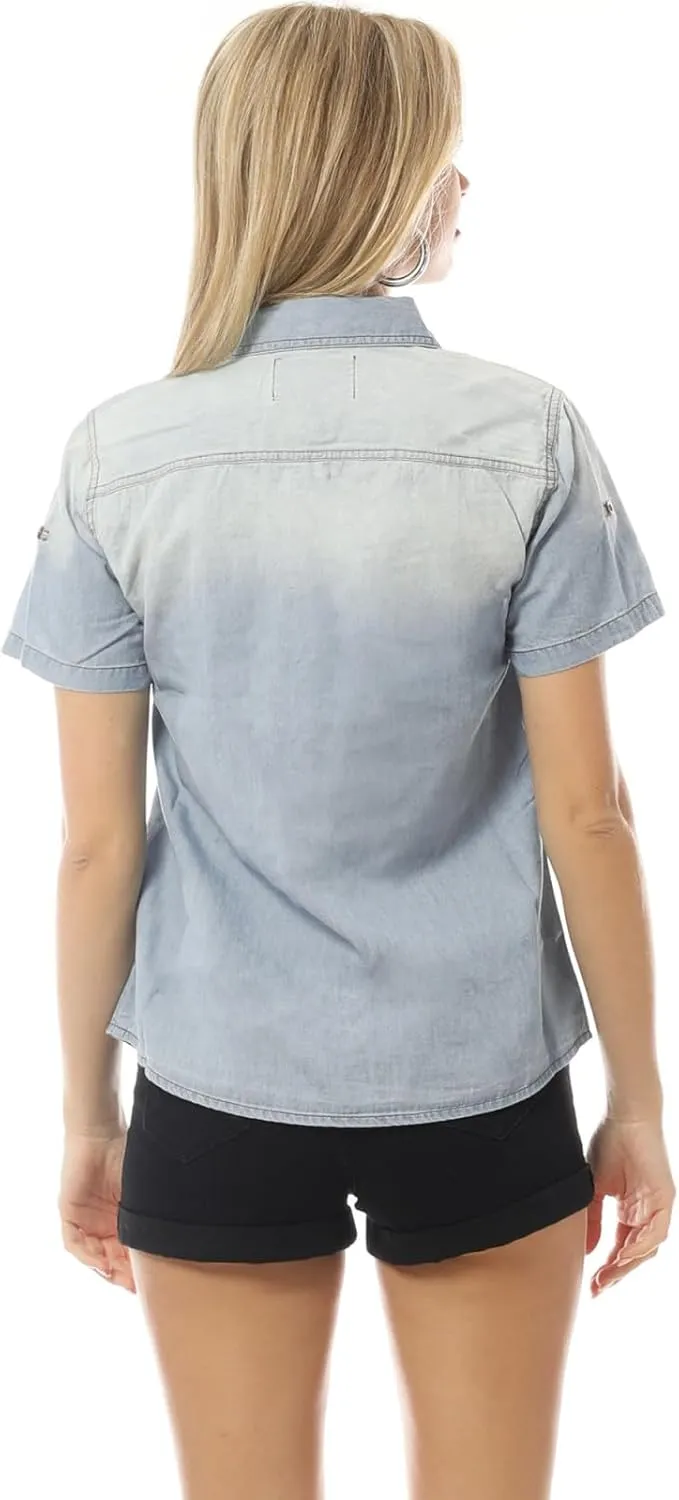 Design by Olivia Women's Cap Sleeve Button Down Denim Chambray Shirt