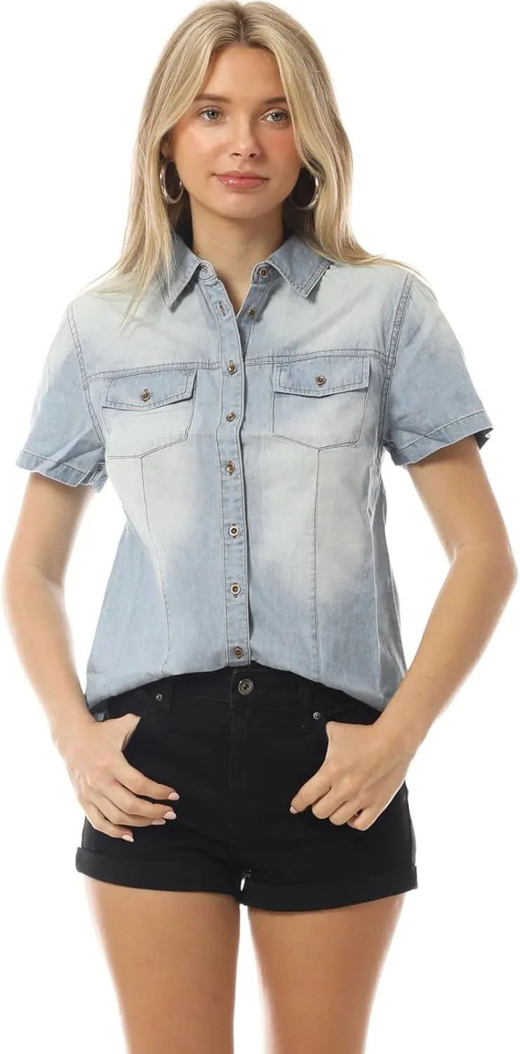 Design by Olivia Women's Cap Sleeve Button Down Denim Chambray Shirt