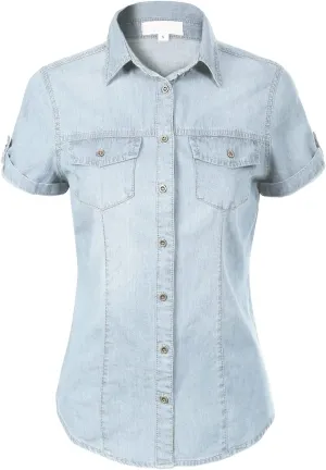 Design by Olivia Women's Cap Sleeve Button Down Denim Chambray Shirt