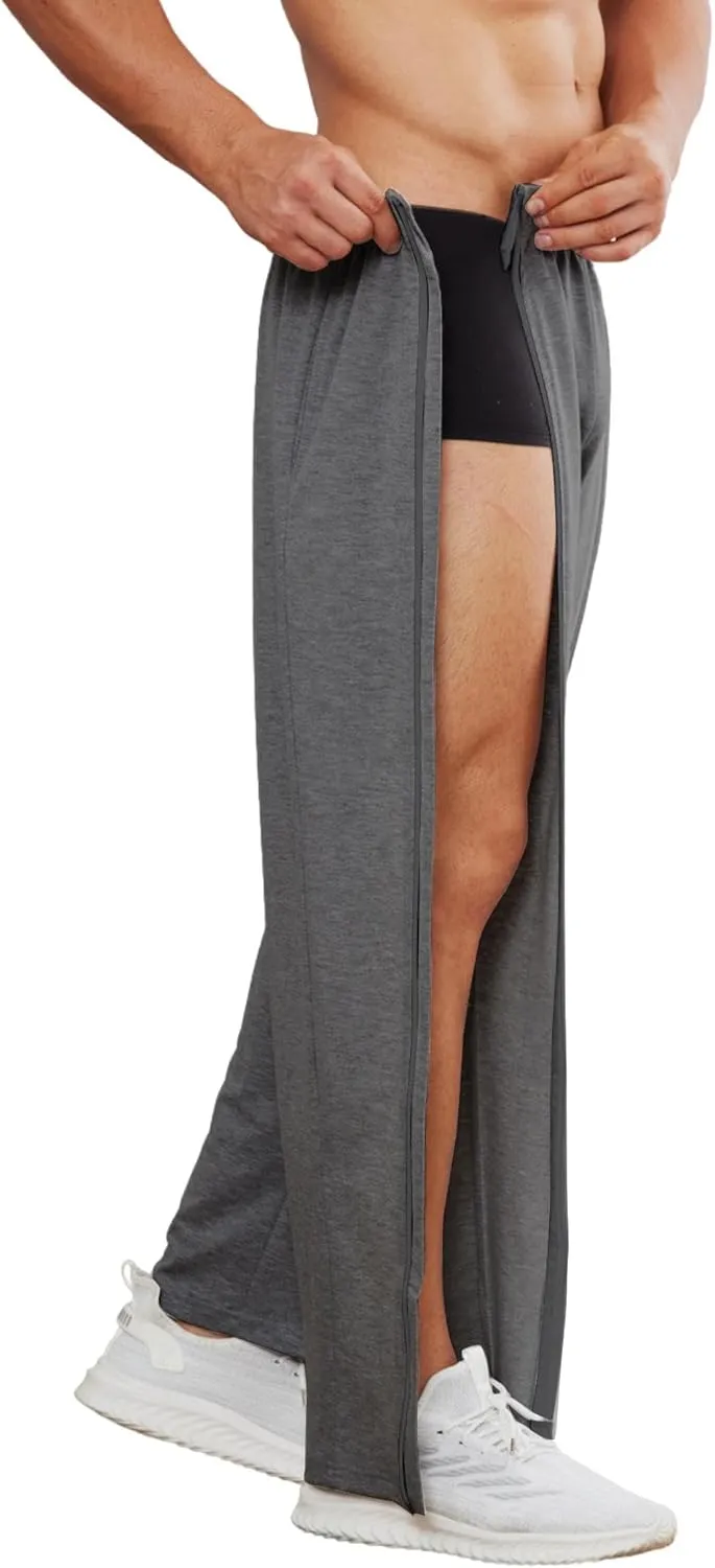 Deyeek Tear Away Pants for Men Full Zipper Legs Sweat Pants Mens Open Bottom Sweatpants Breakaway Cotton Post Surgery Pants