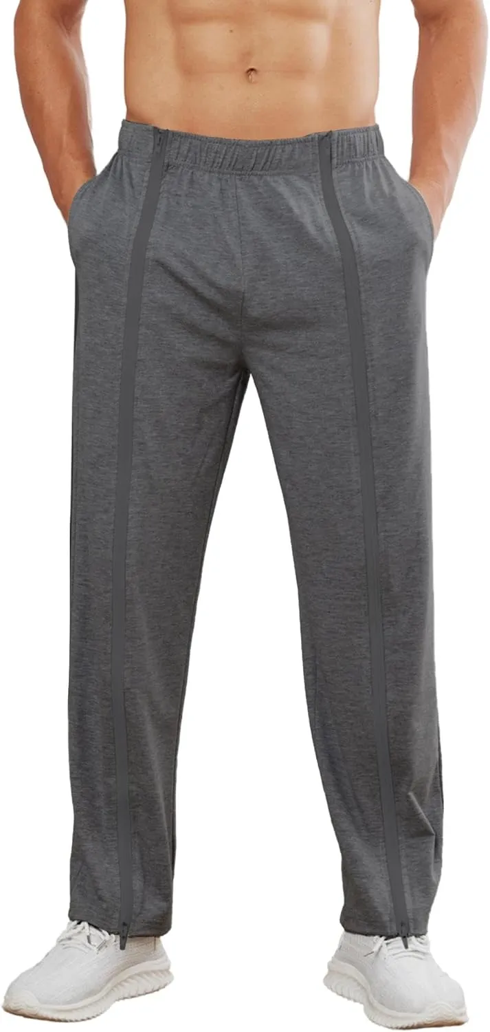Deyeek Tear Away Pants for Men Full Zipper Legs Sweat Pants Mens Open Bottom Sweatpants Breakaway Cotton Post Surgery Pants