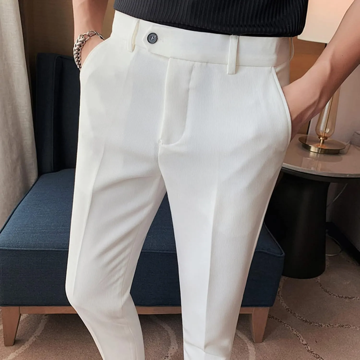 DGHM-JLMY Men's Summer Thin British Cropped Pants Slim Fit Ankle-Length Dress Pants Stretch Cropped Skinny Pants