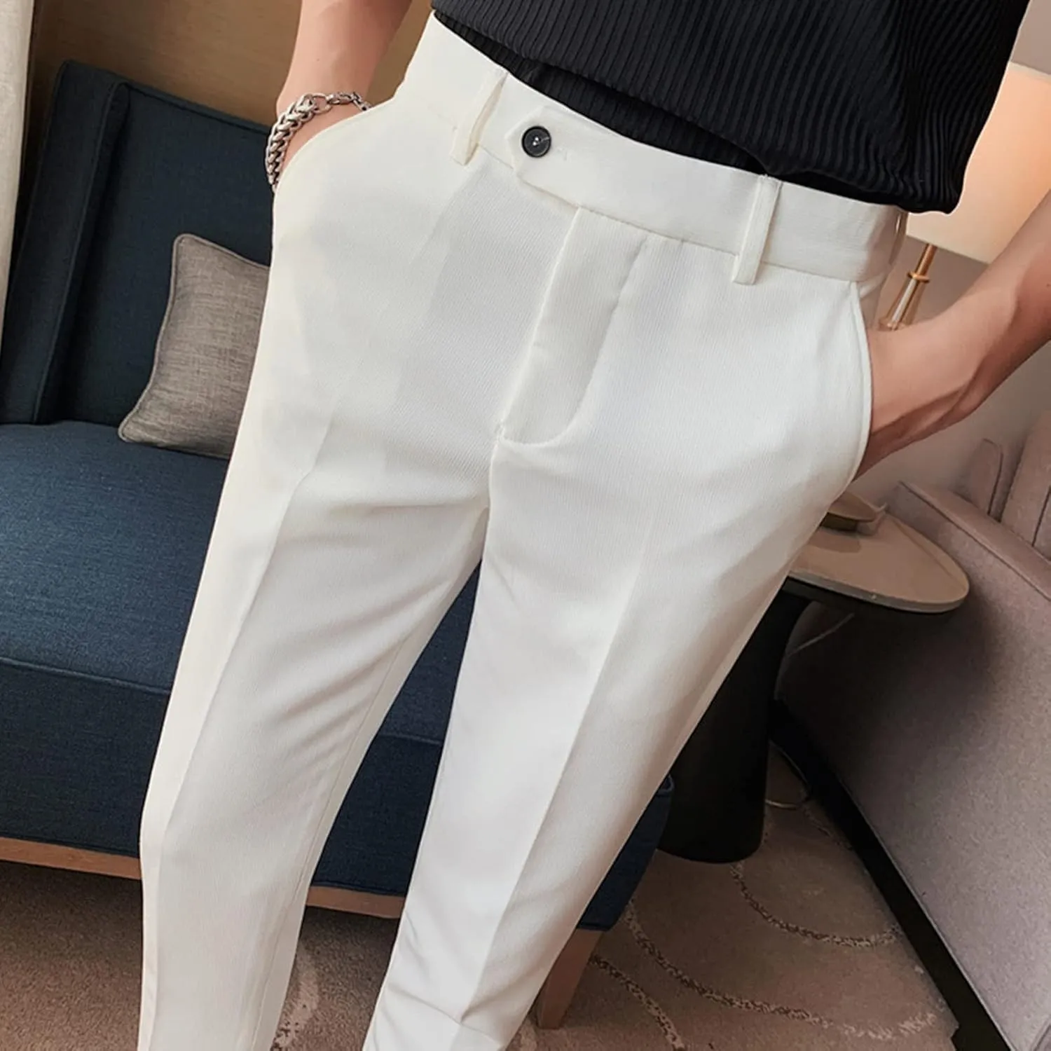 DGHM-JLMY Men's Summer Thin British Cropped Pants Slim Fit Ankle-Length Dress Pants Stretch Cropped Skinny Pants