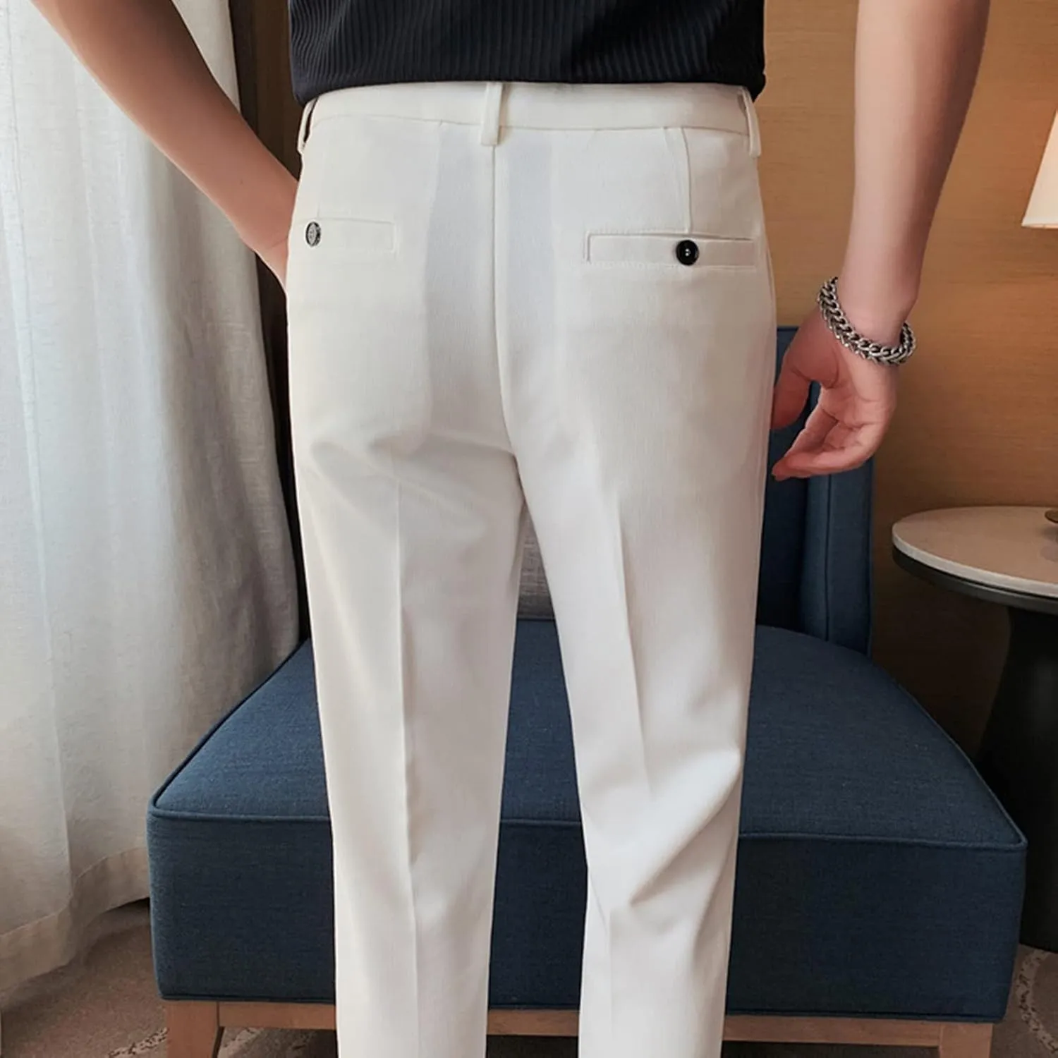 DGHM-JLMY Men's Summer Thin British Cropped Pants Slim Fit Ankle-Length Dress Pants Stretch Cropped Skinny Pants