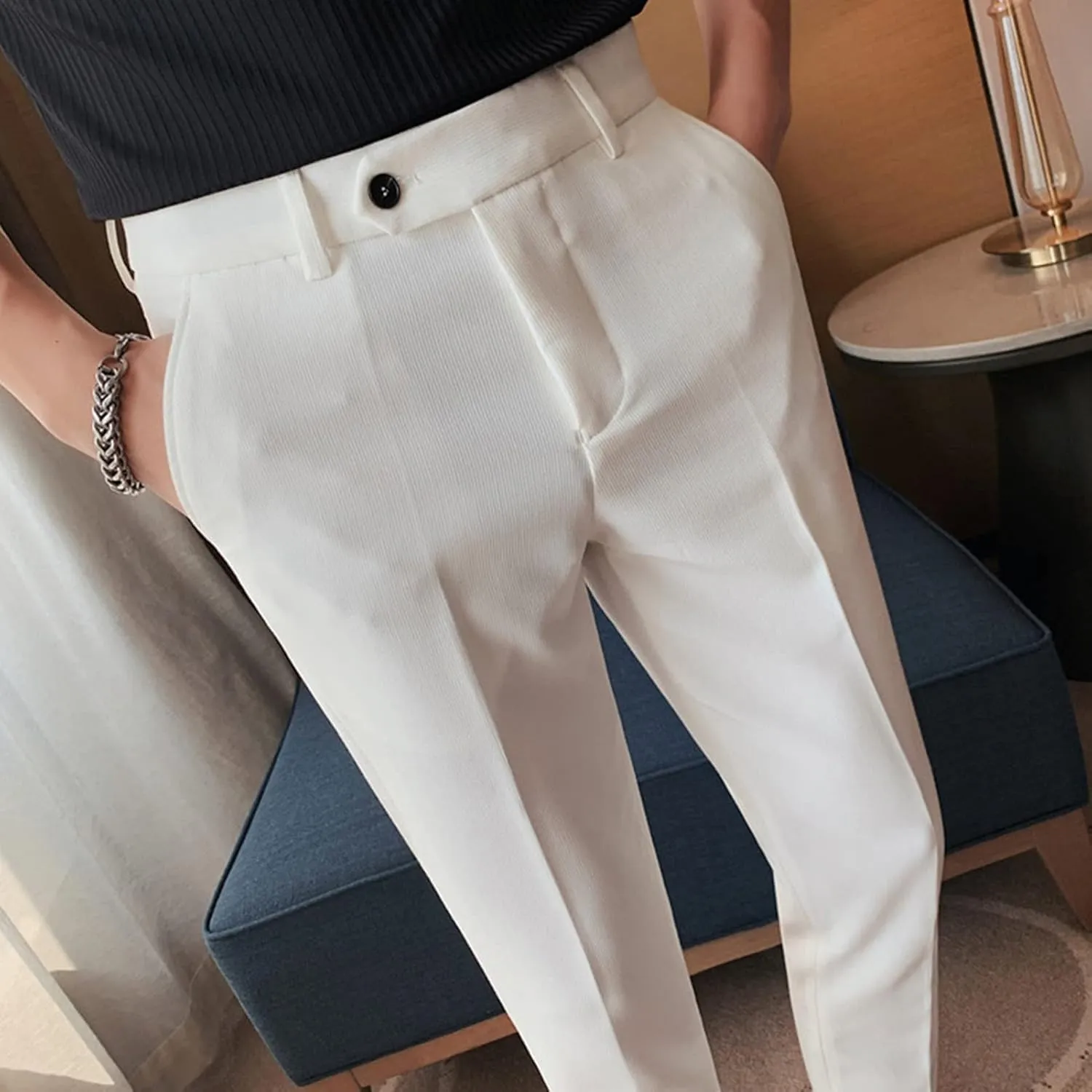 DGHM-JLMY Men's Summer Thin British Cropped Pants Slim Fit Ankle-Length Dress Pants Stretch Cropped Skinny Pants