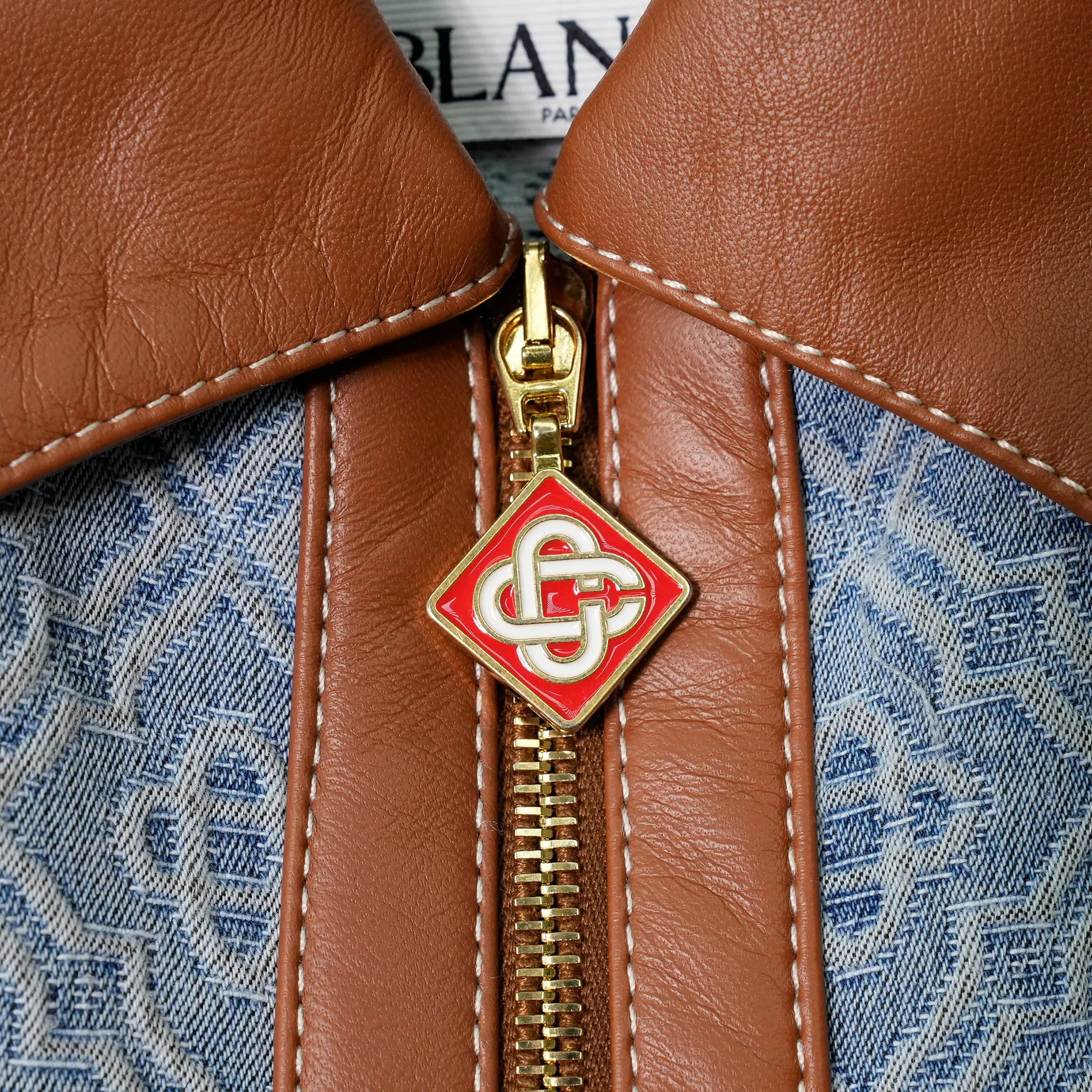 DIAMOND MONOGRAM DENIM LEATHER TRIM JACKET / CSB672:LIGHT WASH DENIM MONOGRAM