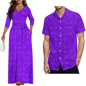 Dongfangyoupin Women's Bodycon Long Skirt Samoan Dress and Men's Short Sleeve Shirt Polynesian Island with Couple Outfit