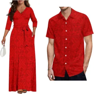 Dongfangyoupin Women's Bodycon Long Skirt Samoan Dress and Men's Short Sleeve Shirt Polynesian Island with Couple Outfit