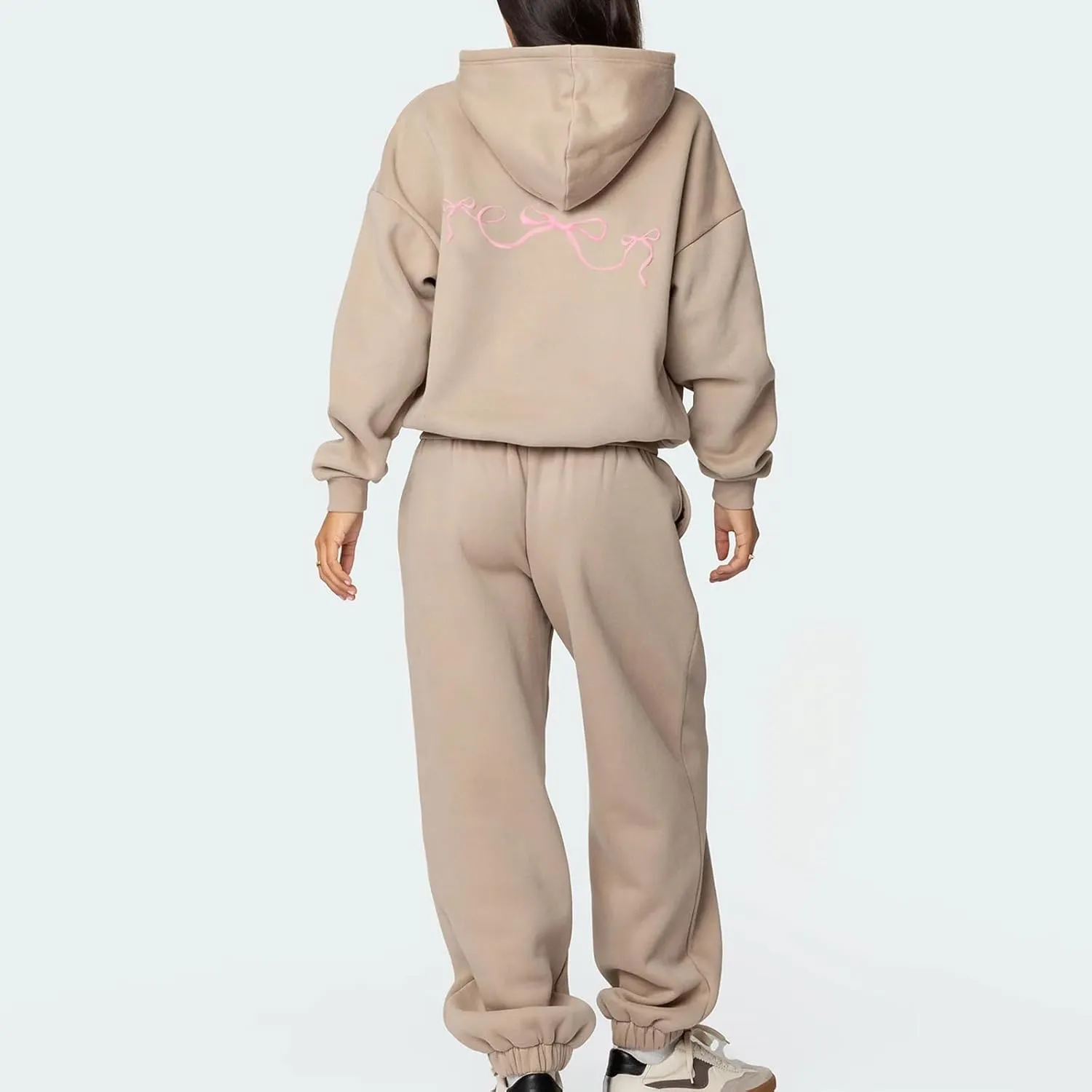 DSORVICD Women 2 Piece Outfits Y2k Bow Embroidery Long Sleeve Oversized Hoodie Baggy Sweatpants Bow Tie Sweatsuit Streetwear