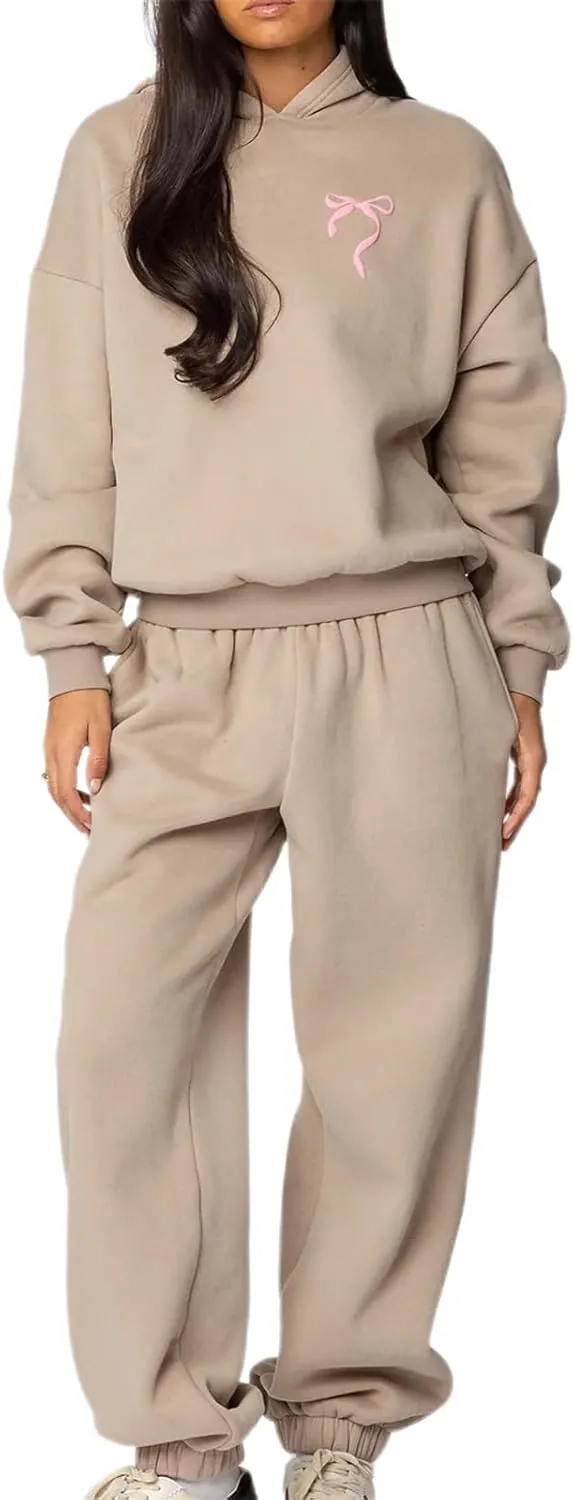 DSORVICD Women 2 Piece Outfits Y2k Bow Embroidery Long Sleeve Oversized Hoodie Baggy Sweatpants Bow Tie Sweatsuit Streetwear