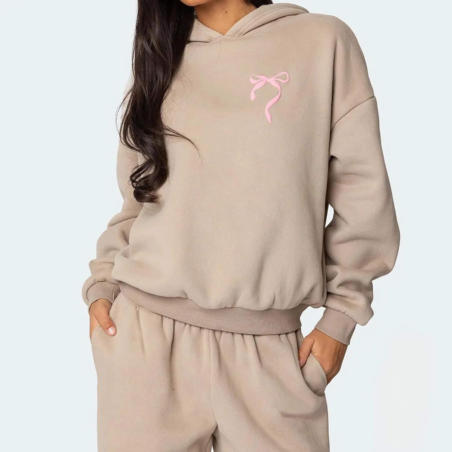DSORVICD Women 2 Piece Outfits Y2k Bow Embroidery Long Sleeve Oversized Hoodie Baggy Sweatpants Bow Tie Sweatsuit Streetwear