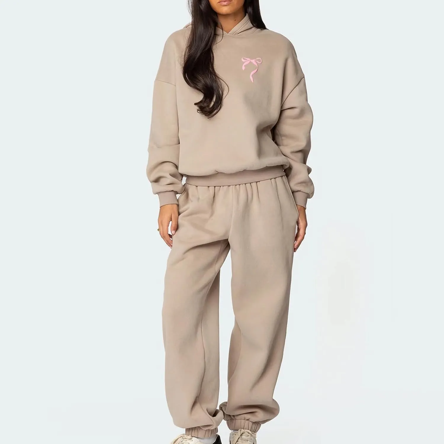 DSORVICD Women 2 Piece Outfits Y2k Bow Embroidery Long Sleeve Oversized Hoodie Baggy Sweatpants Bow Tie Sweatsuit Streetwear