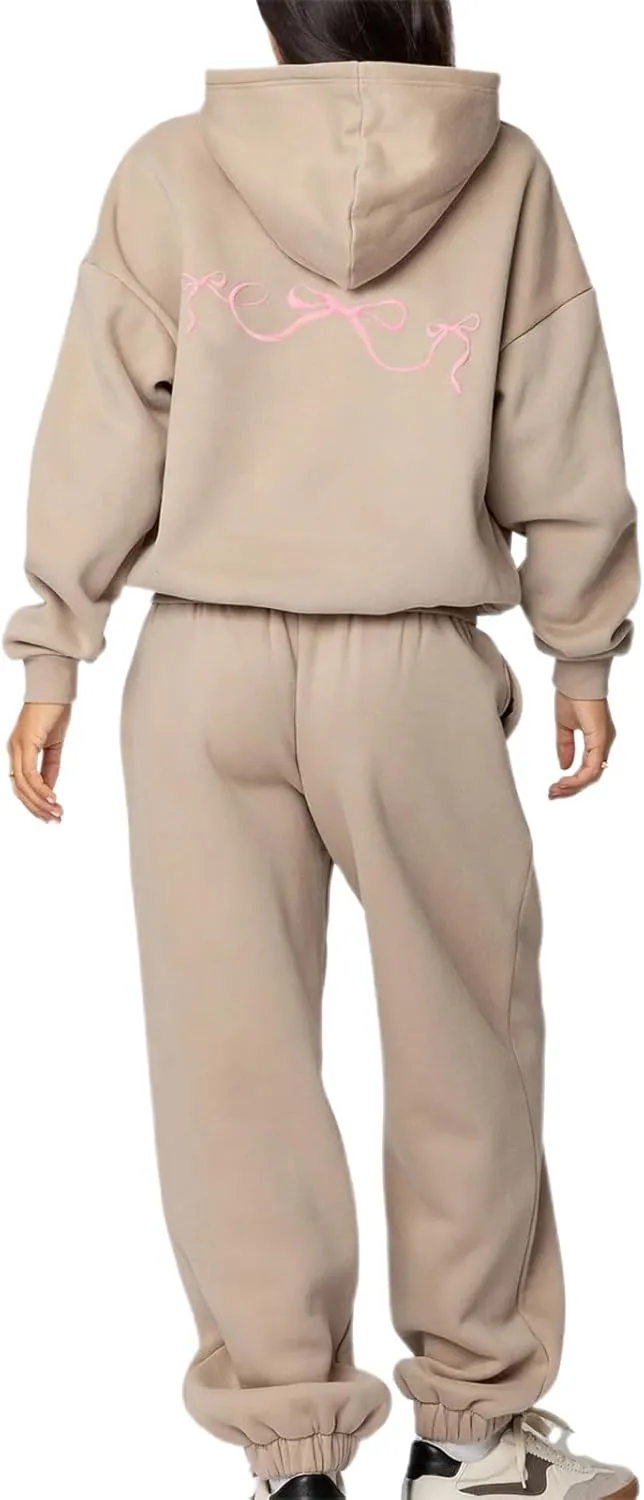 DSORVICD Women 2 Piece Outfits Y2k Bow Embroidery Long Sleeve Oversized Hoodie Baggy Sweatpants Bow Tie Sweatsuit Streetwear
