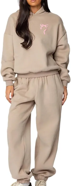 DSORVICD Women 2 Piece Outfits Y2k Bow Embroidery Long Sleeve Oversized Hoodie Baggy Sweatpants Bow Tie Sweatsuit Streetwear