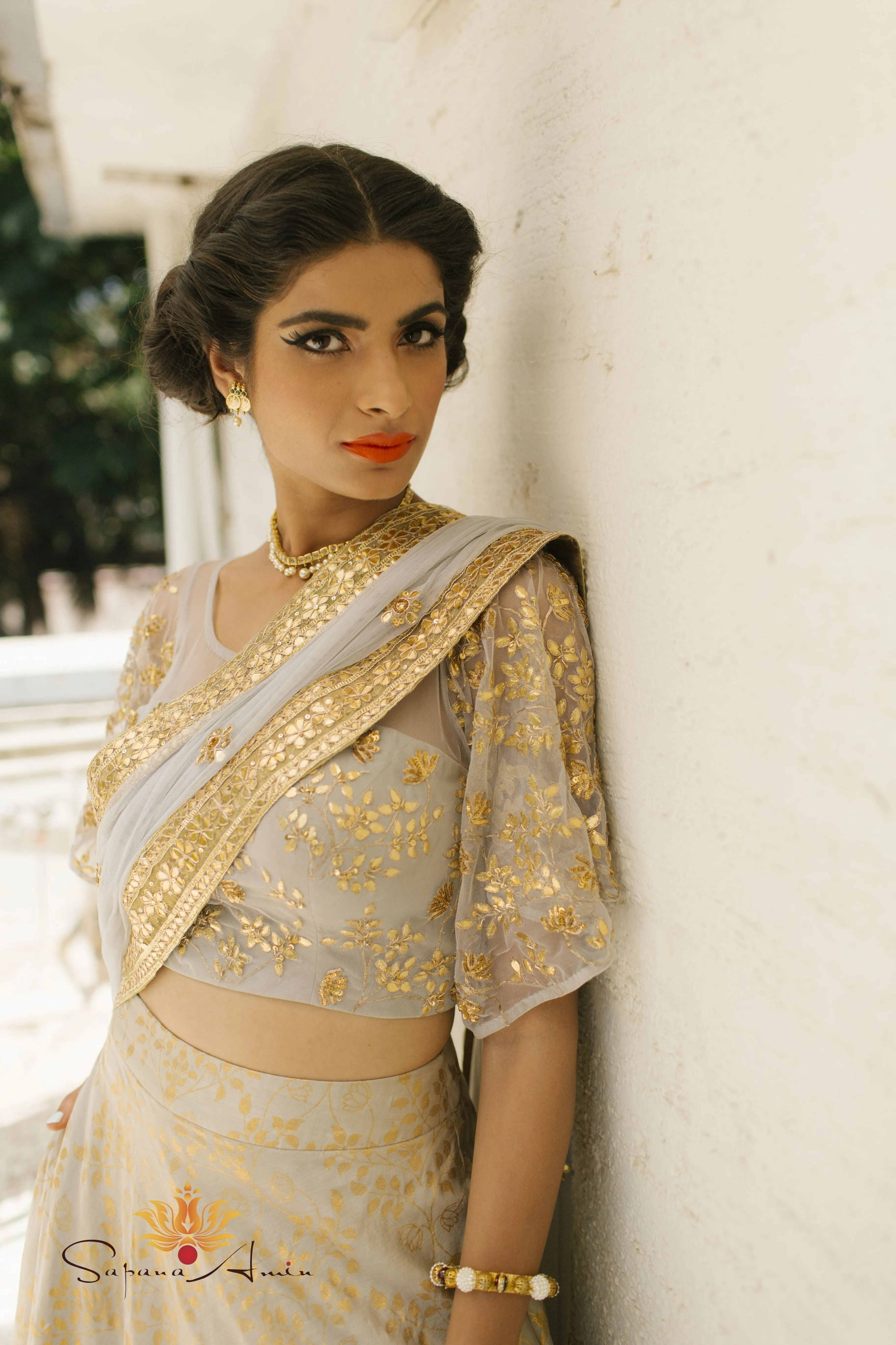 Dusty mint bell sleeve blouse & lehenga