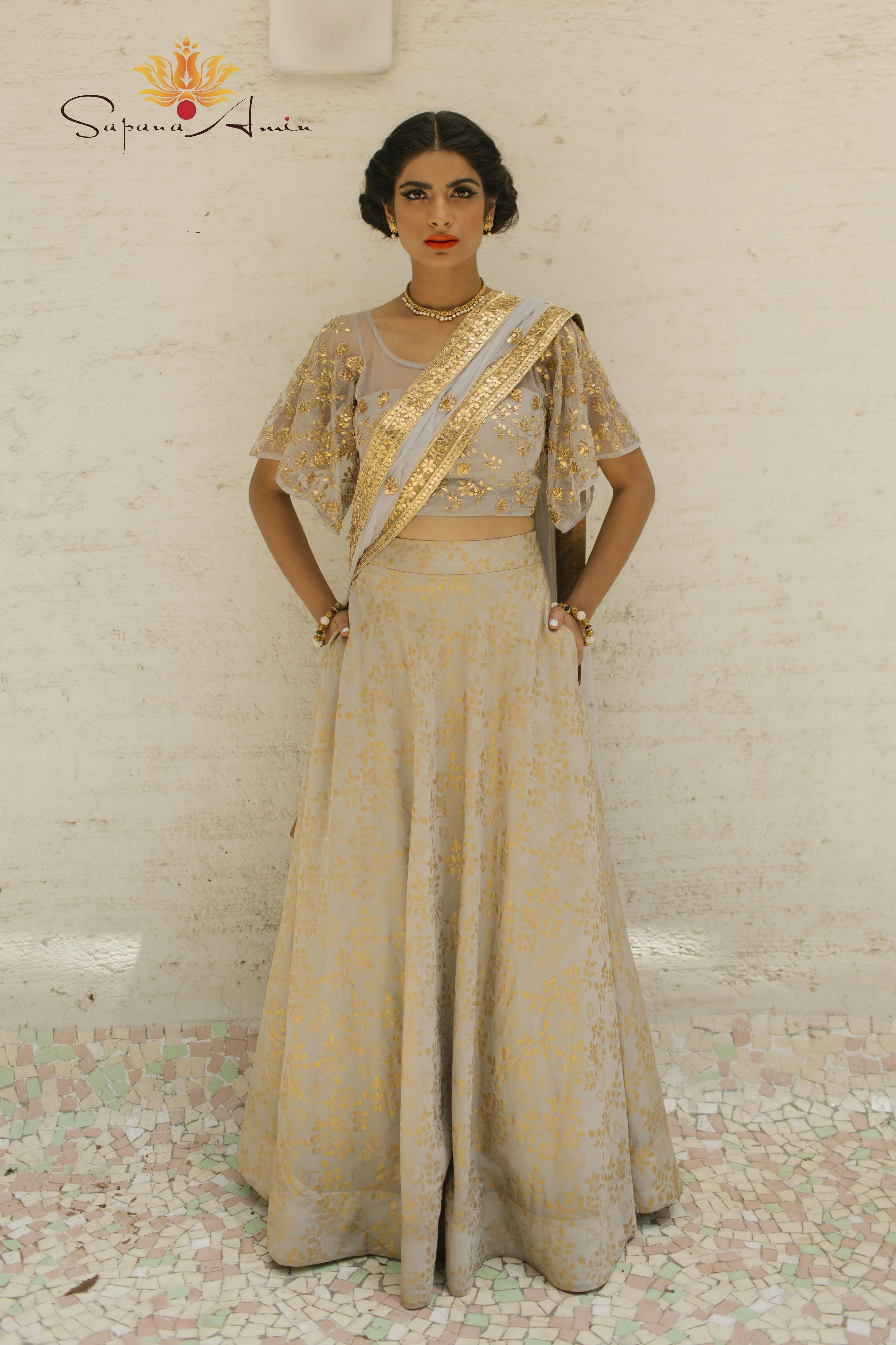 Dusty mint bell sleeve blouse & lehenga