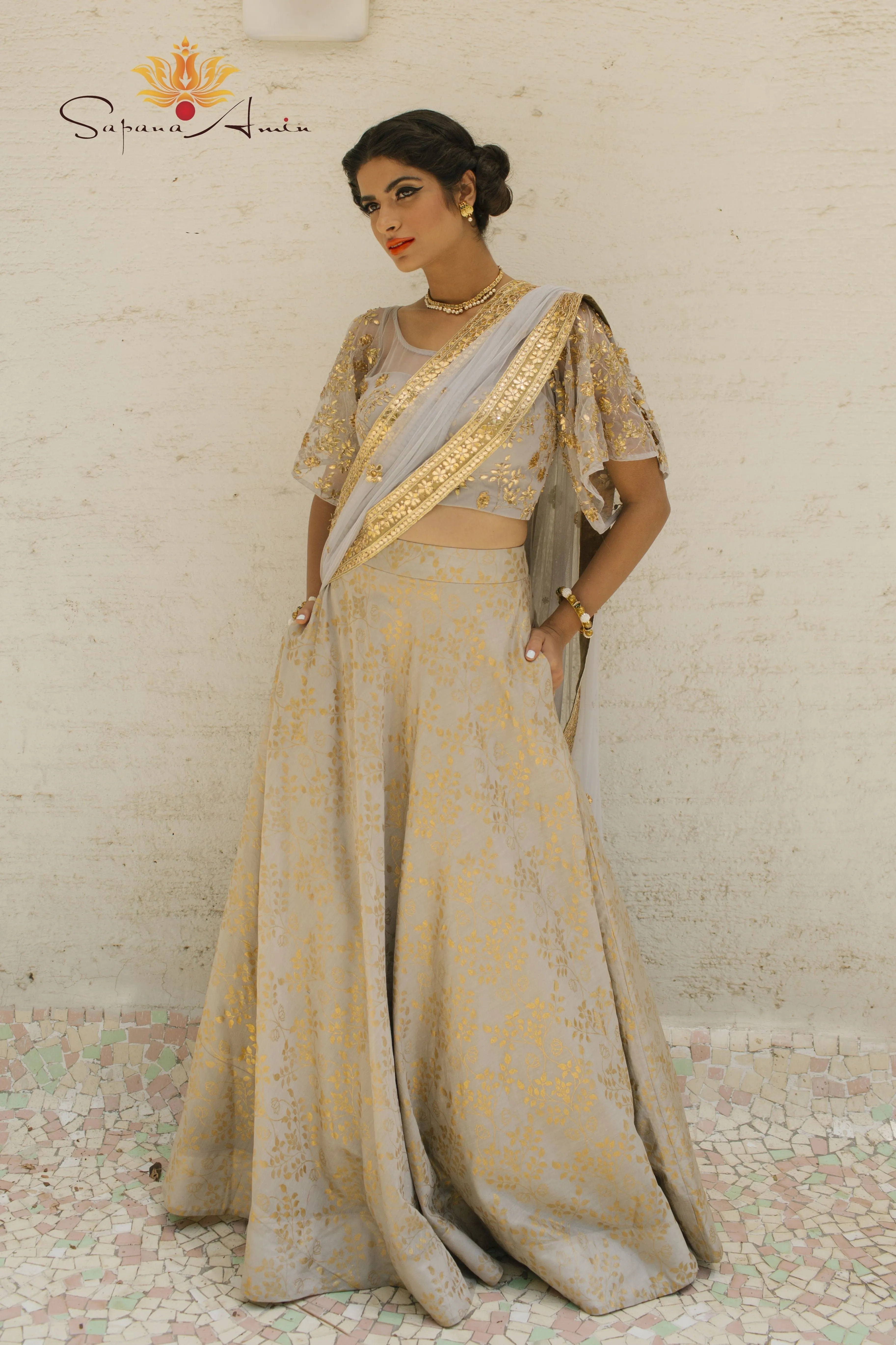 Dusty mint bell sleeve blouse & lehenga