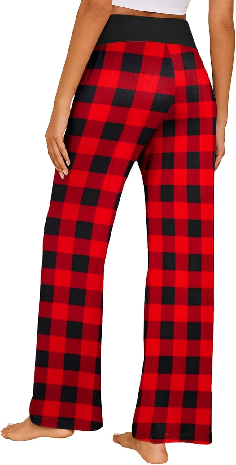 Ekouaer Women's Pajama Pants Wide Leg Yoga Pants Lounge Drawstring Pants Comfy Stretch Plaid Pj Bottoms