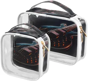 Electric-guitar-dark Print 2 Pack Clear Toiletry Bag Women Men, Portable Waterproof Clear Pouch, Cosmetic Bag with Double Zippers Large Opening Traveling with Handle for Bathroom Traveling Vacation Or