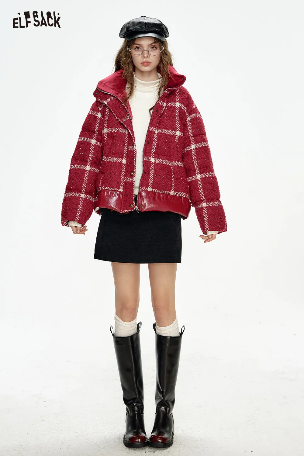 ELFSACK 2024 Winter New Arrivals New Year's Red Plaid PU Splicing Zipper Drawstring Short Down Jacket Women