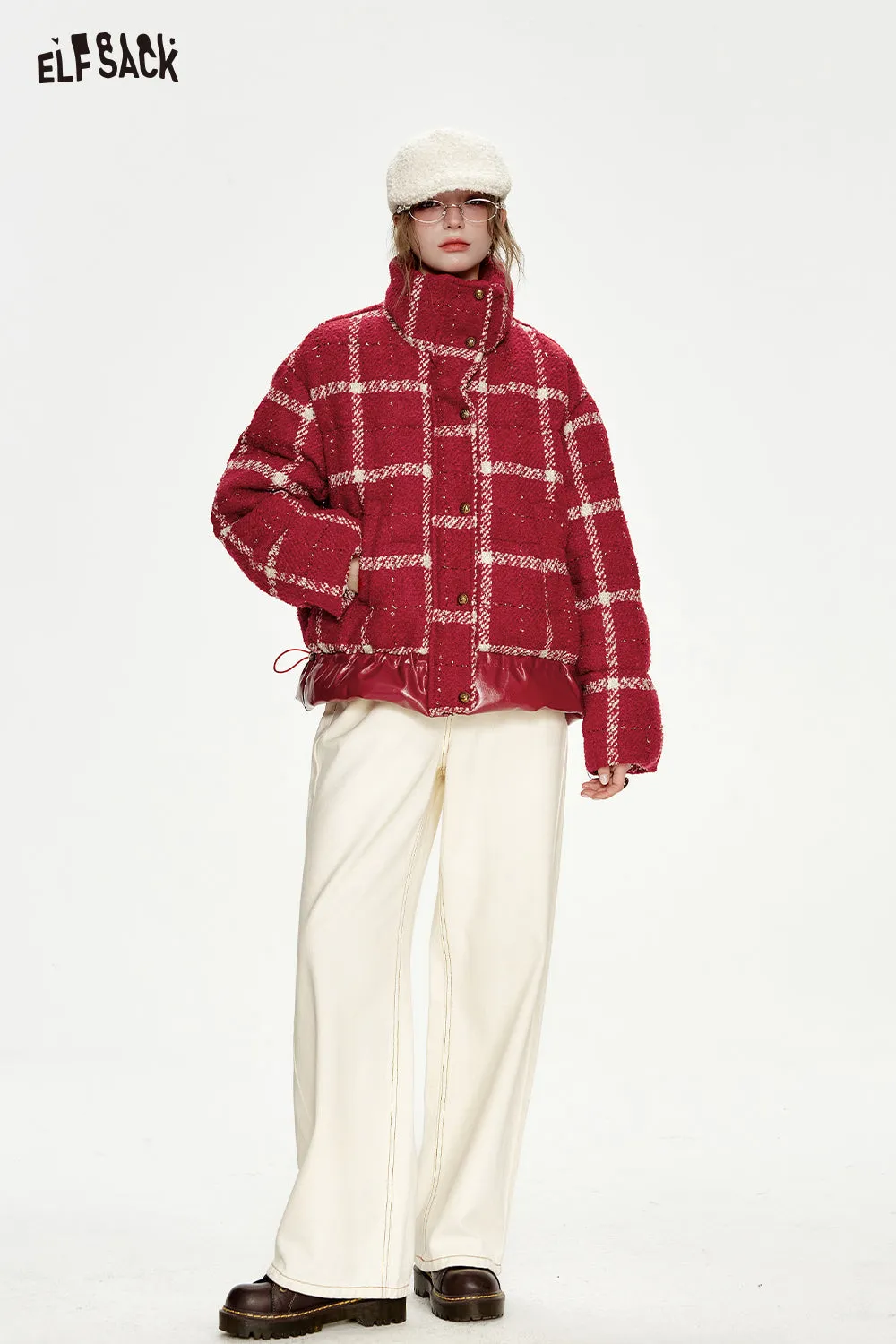 ELFSACK 2024 Winter New Arrivals New Year's Red Plaid PU Splicing Zipper Drawstring Short Down Jacket Women