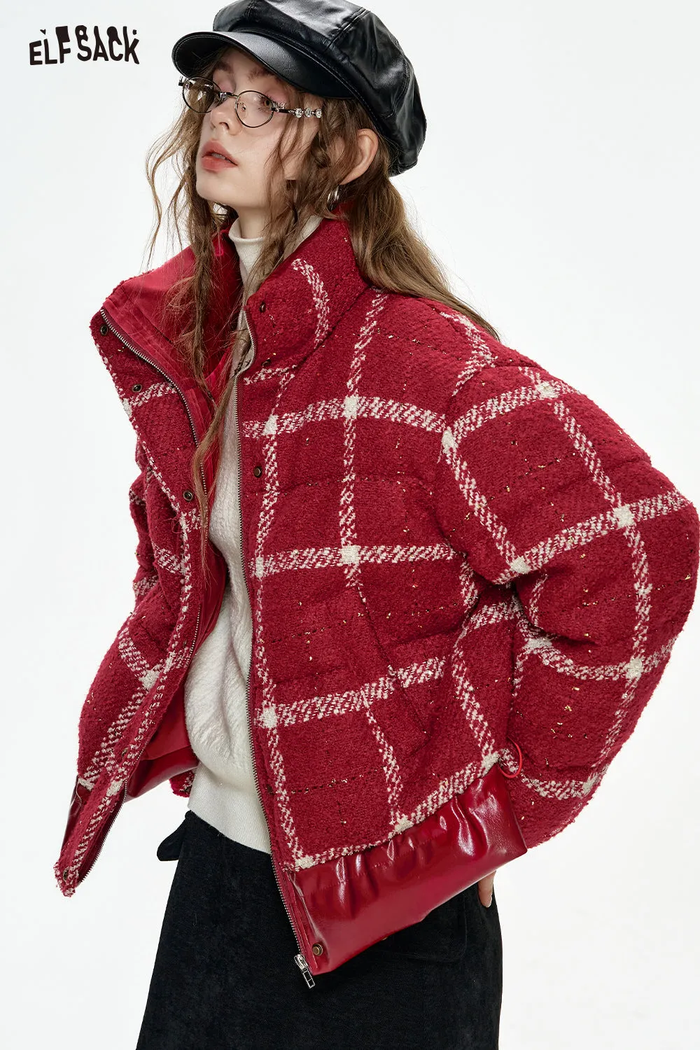 ELFSACK 2024 Winter New Arrivals New Year's Red Plaid PU Splicing Zipper Drawstring Short Down Jacket Women