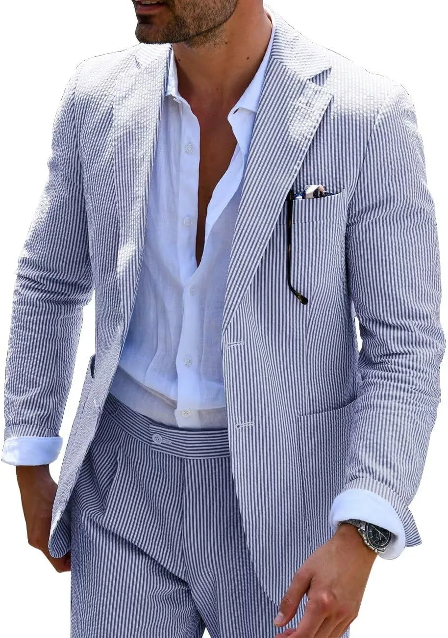 EMERAIDVLN Seersucker Suit Mens 2 Piece Regular Fit Beach Wedding Casual Prom Summer Wear Striped Blazer and Pants