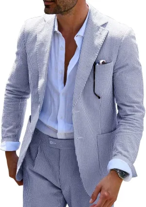 EMERAIDVLN Seersucker Suit Mens 2 Piece Regular Fit Beach Wedding Casual Prom Summer Wear Striped Blazer and Pants
