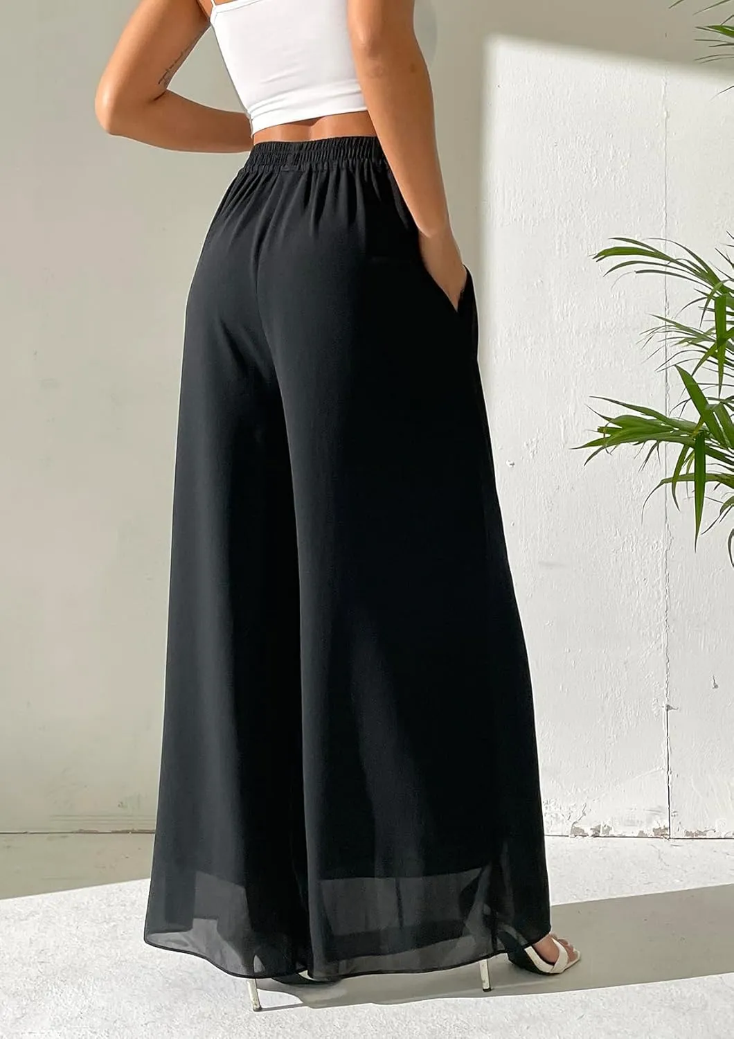 Fakanhui Women's Chiffon Wide Leg Palazzo Pants High Elastic Waist Casual Flowy Business Trousers